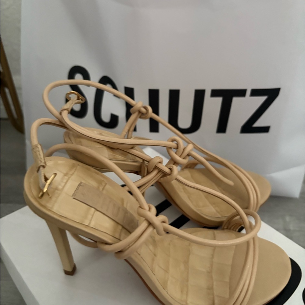 Schutz Tan Heels with Stiletto and Criss-Cross Straps